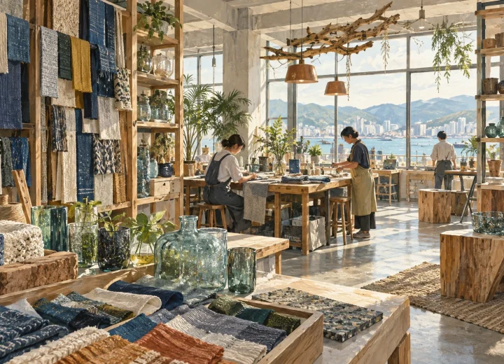 직물 샘플과 재사용 소재, 작업테이블을 배치한 새활용 공간 일러스트(실제 장소 현장 사진 아님)