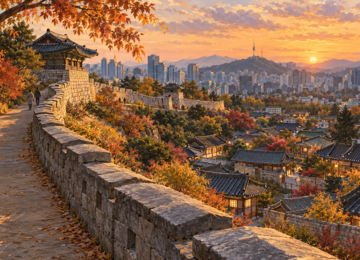 도시 위 언덕을 따라 이어지는 돌 성곽과 보행길 일러스트(실제 장소 현장 사진 아님)
