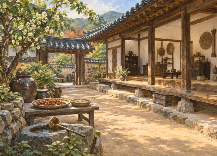 전통 생활도구가 놓인 한옥 마당을 표현한 민속 공간 일러스트(실제 장소 현장 사진 아님)