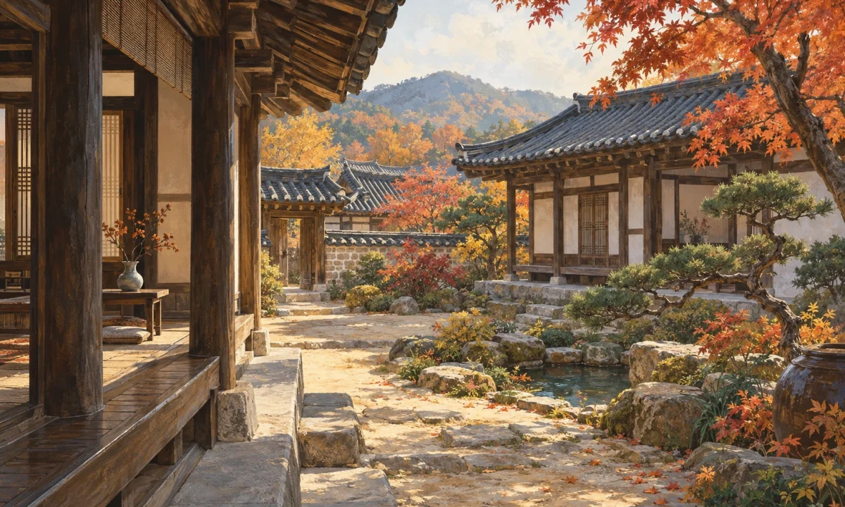기와·기둥·마당의 관계를 표현한 근대한옥 관찰 일러스트(실제 장소 현장 사진 아님)