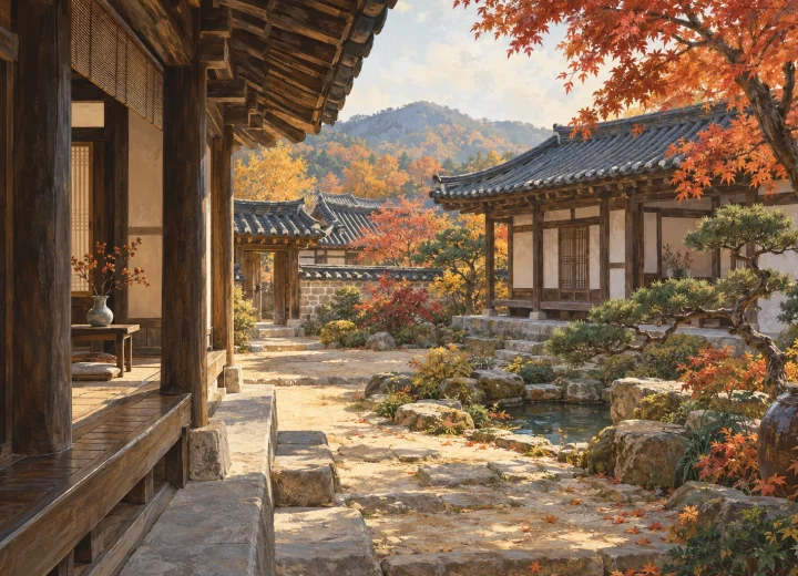 기와·기둥·마당의 관계를 표현한 근대한옥 관찰 일러스트(실제 장소 현장 사진 아님)