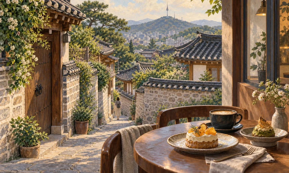 전통가옥과 돌담길, 디저트테이블의 관계를 표현한 일러스트(실제 장소 현장 사진 아님)