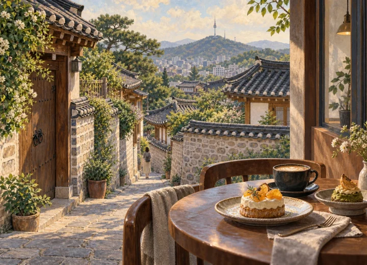 전통가옥과 돌담길, 디저트테이블의 관계를 표현한 일러스트(실제 장소 현장 사진 아님)