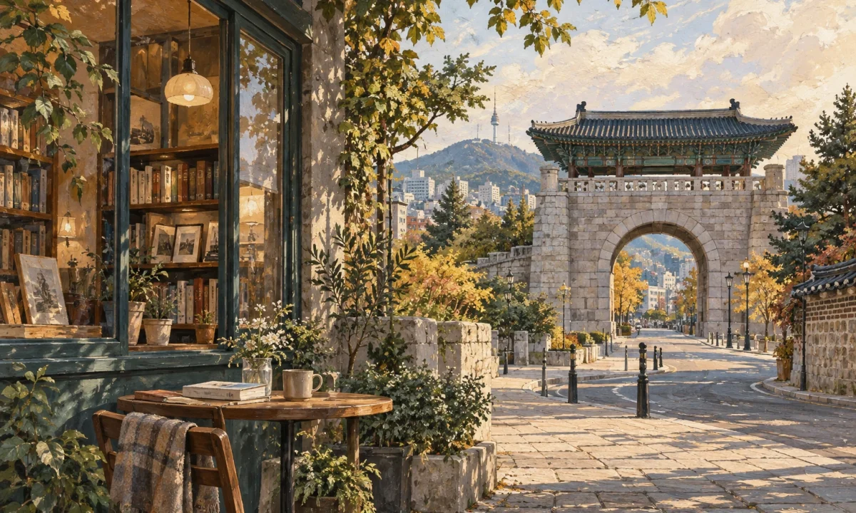 독립문을 연상시키는 석문과 책이 놓인 휴식공간 일러스트(실제 장소 현장 사진 아님)