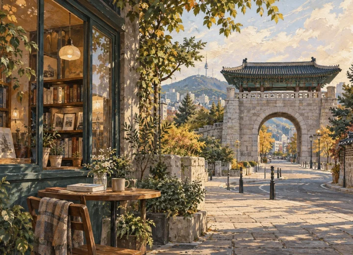 독립문을 연상시키는 석문과 책이 놓인 휴식공간 일러스트(실제 장소 현장 사진 아님)