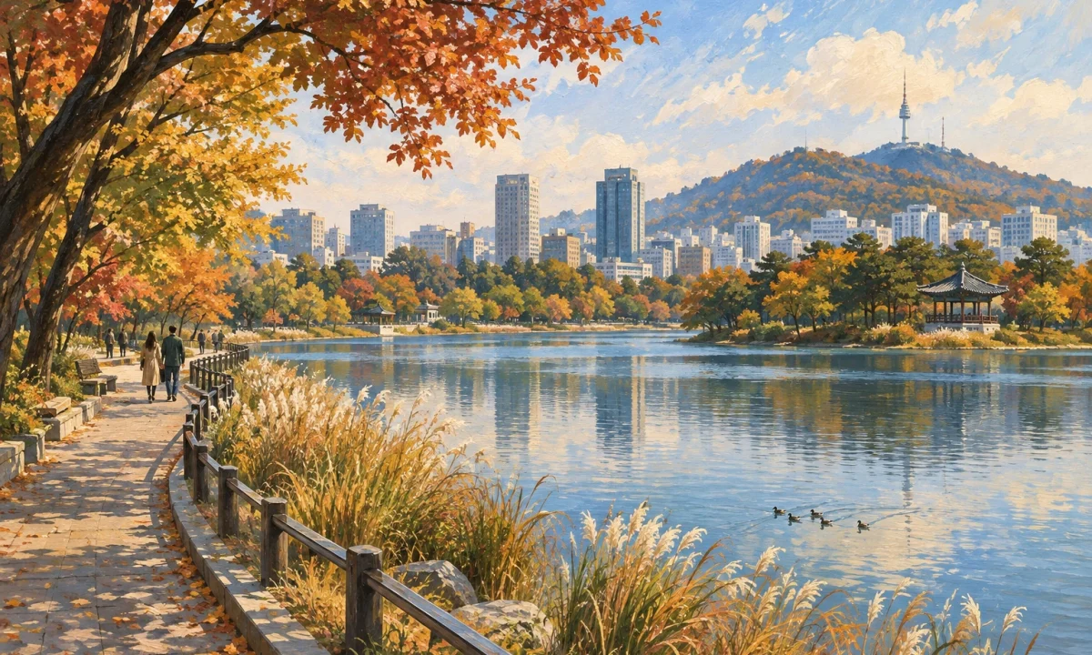 도시 호수와 갈대·보행로·나무그늘을 표현한 일러스트(실제 장소 현장 사진 아님)