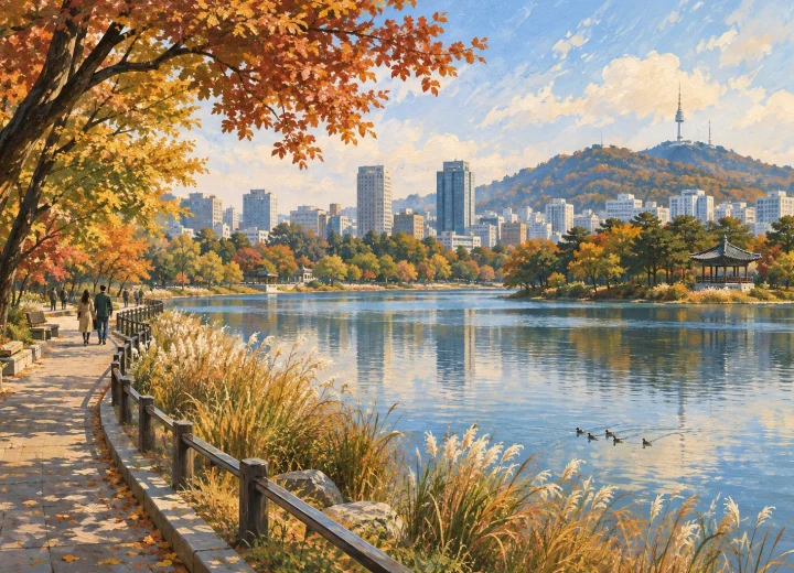 도시 호수와 갈대·보행로·나무그늘을 표현한 일러스트(실제 장소 현장 사진 아님)