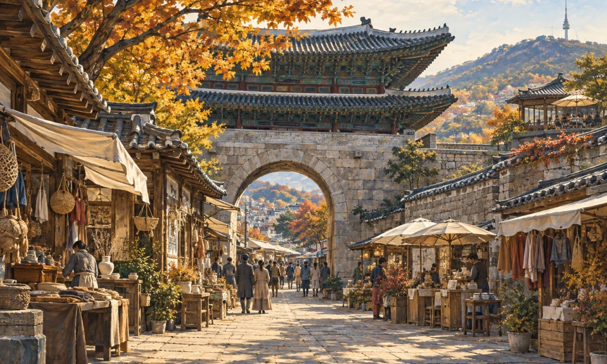 도시 성문과 전통시장 보행의 관계를 표현한 일러스트(실제 장소 현장 사진 아님)
