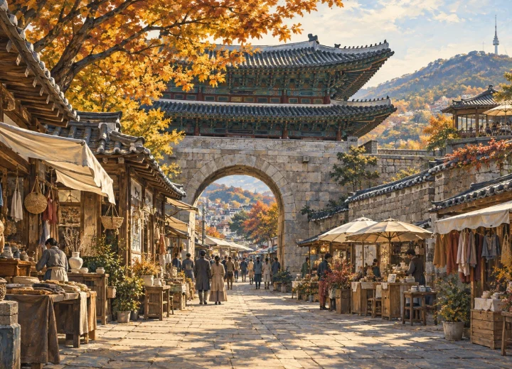 도시 성문과 전통시장 보행의 관계를 표현한 일러스트(실제 장소 현장 사진 아님)