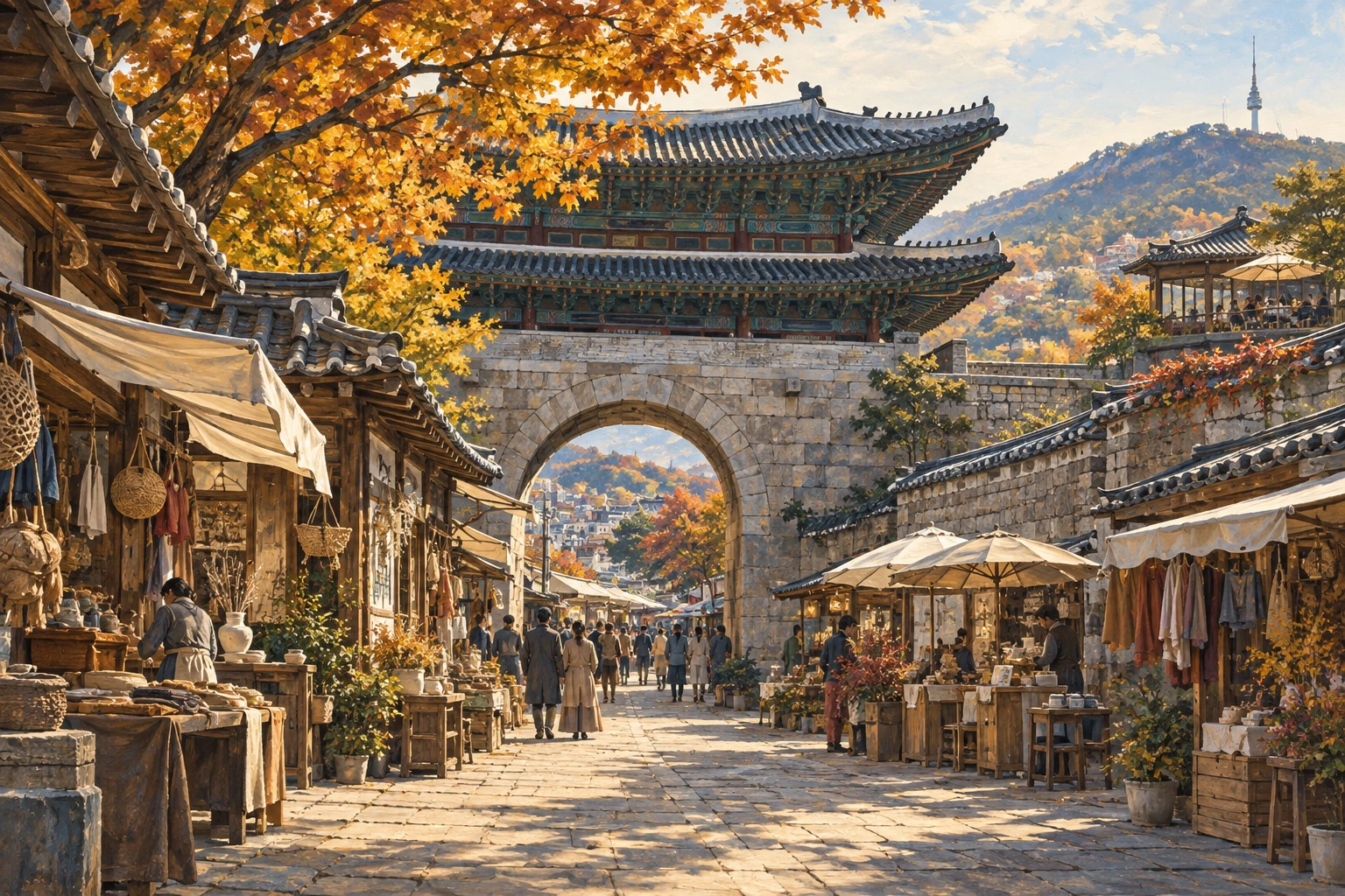 수원역에서 팔달문시장과 행궁동을 반나절로 보는 법의 방문 목적을 설명하는 일러스트(현장 사진 아님)
