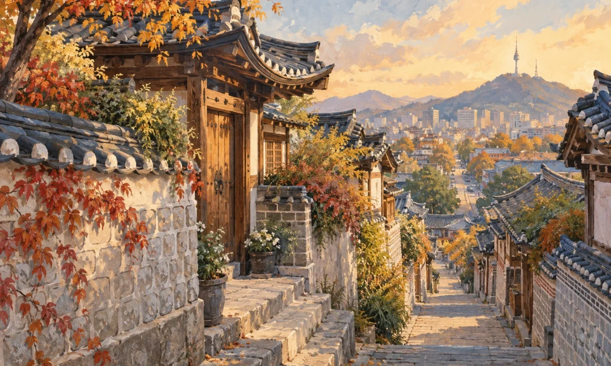 주거 한옥길과 공공거리의 경계를 표현한 일러스트(실제 장소 현장 사진 아님)