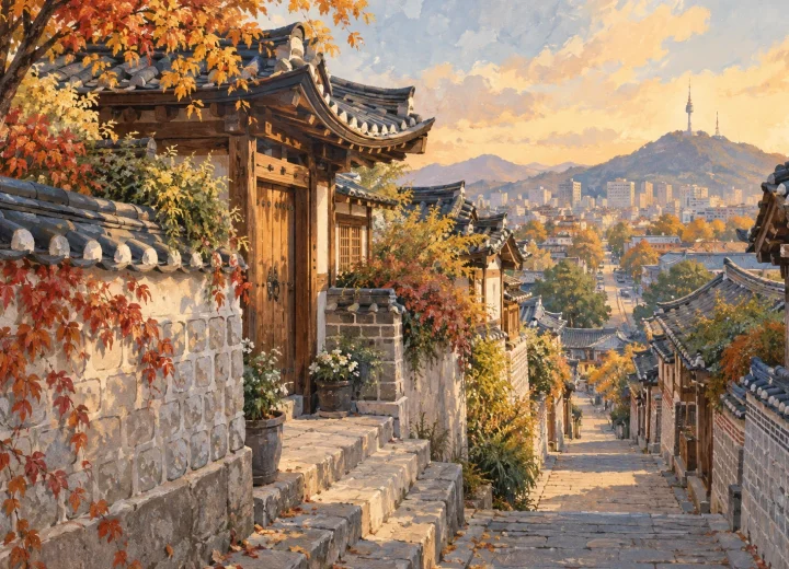 주거 한옥길과 공공거리의 경계를 표현한 일러스트(실제 장소 현장 사진 아님)