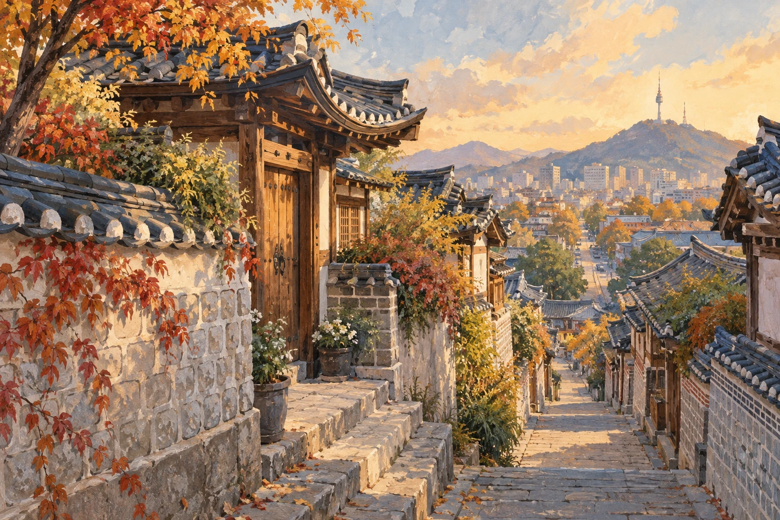 북촌한옥마을 사진 동선과 주차를 분리해서 보기의 방문 목적을 설명하는 일러스트(현장 사진 아님)