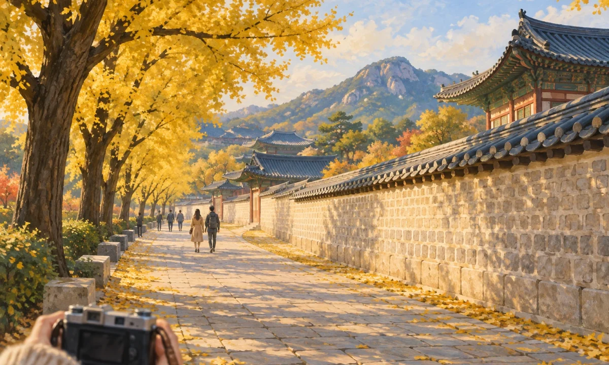 나무가 있는 긴 돌담 보행길을 표현한 일러스트(실제 장소 현장 사진 아님)