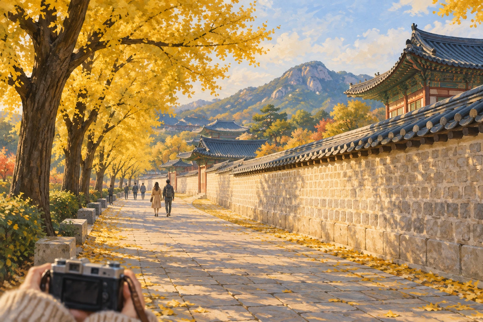 덕수궁 돌담길 사진은 어느 시간에 짧게 남길까의 방문 목적을 설명하는 일러스트(현장 사진 아님)