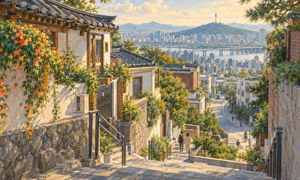 도시 계단과 큰길 복귀의 관계를 표현한 일러스트(실제 장소 현장 사진 아님)