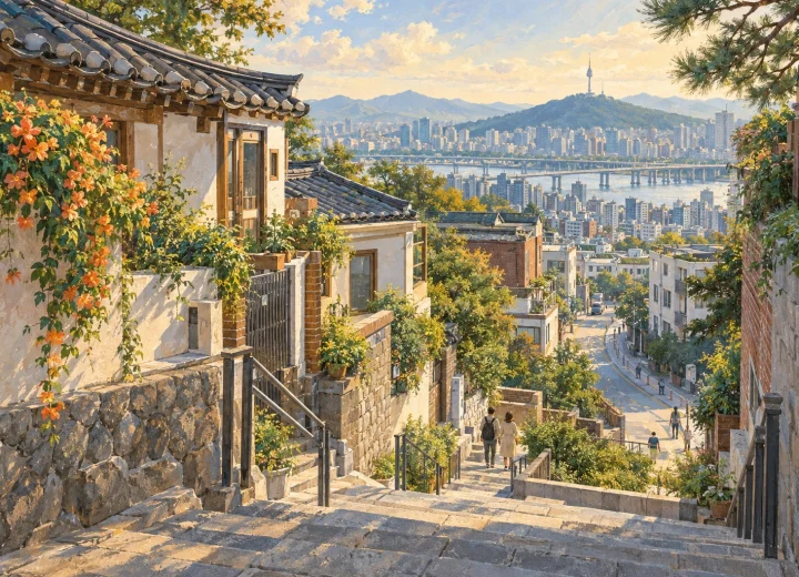 도시 계단과 큰길 복귀의 관계를 표현한 일러스트(실제 장소 현장 사진 아님)