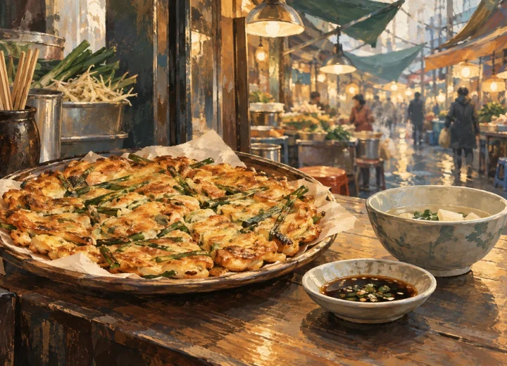 시장 식사와 빈대떡·보행공간을 함께 표현한 일러스트(실제 장소 현장 사진 아님)