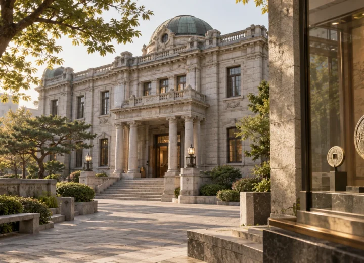 한국은행화폐박물관 방문 주제를 표현한 설명용 일러스트. 실제 현장 사진이나 시설 배치가 아닙니다.